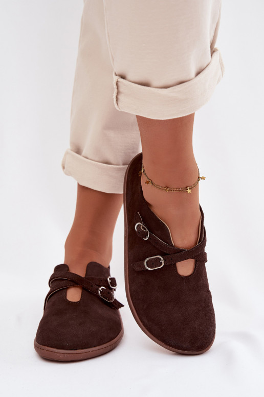  ze semiše boty Barefoot  s pruhy Zazoo N1271 Czekoladowe