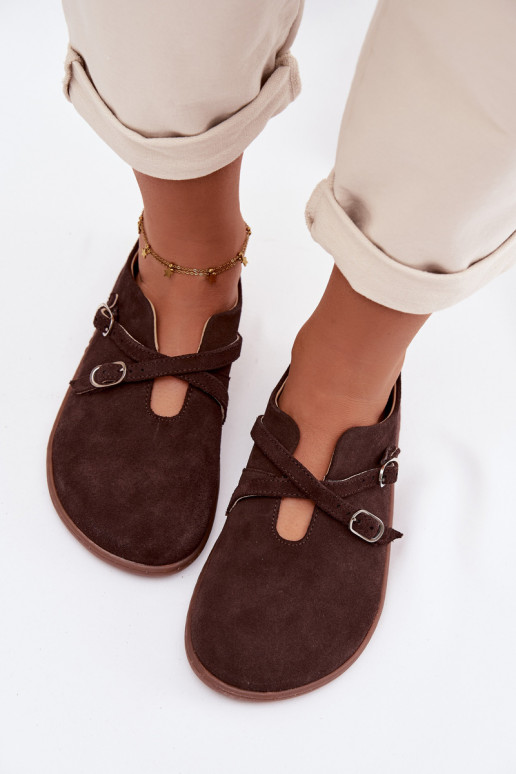  ze semiše boty Barefoot  s pruhy Zazoo N1271 Czekoladowe