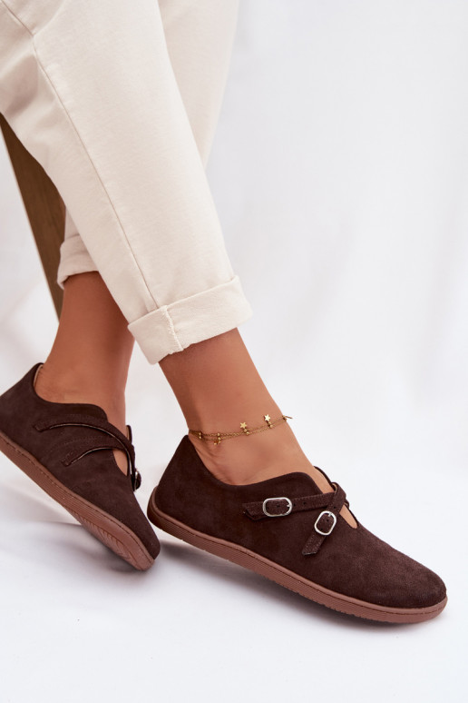  ze semiše boty Barefoot  s pruhy Zazoo N1271 Czekoladowe