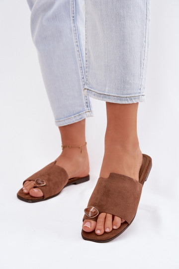 Pantofle   Detalem z eko semišeowe hnědá Selavine