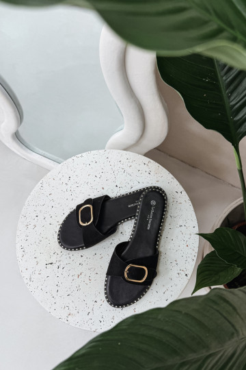 Dámské pantofle s širokými podpatky se zlatými přezkami Černé Selivelle