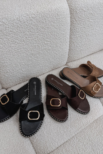 Dámské pantofle s širokými podpatky se zlatými přezkami Černé Selivelle 2