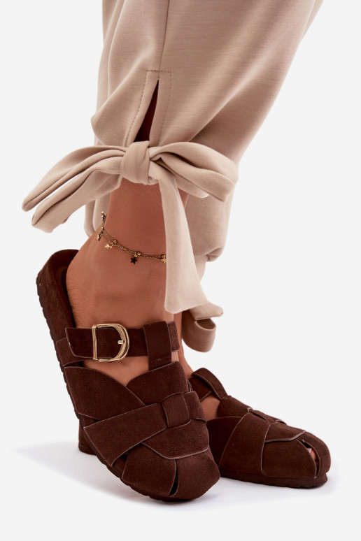 Dámské pantofle Mule s pruhy I Złotą s přezkami Czekoladowe Ganelle