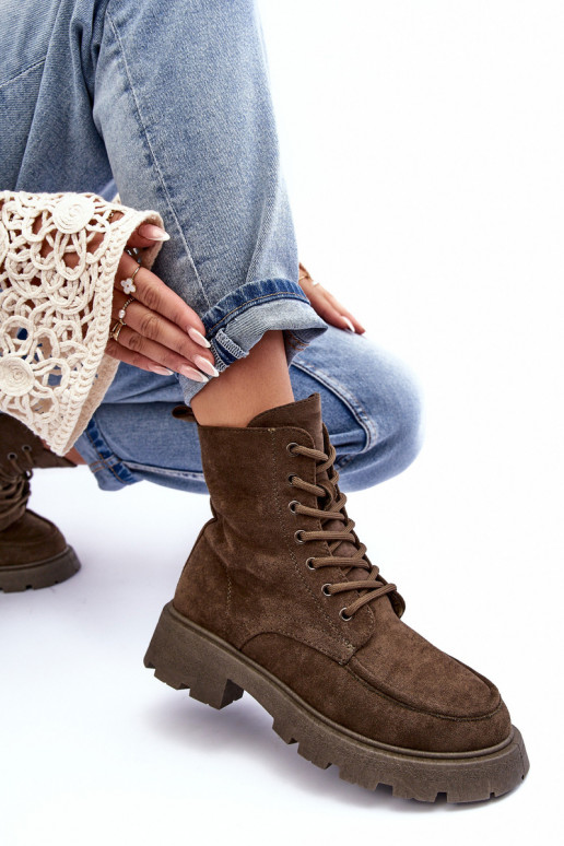 Semišové boty boty zateplené s širokými podpatky khaki Zikey