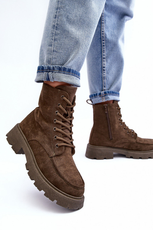 Semišové boty boty zateplené s širokými podpatky khaki Zikey