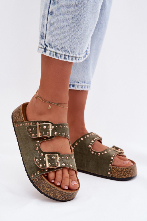 Dámské pantofle Ze zlaté barvymi s přezkamimi  khaki Tervina