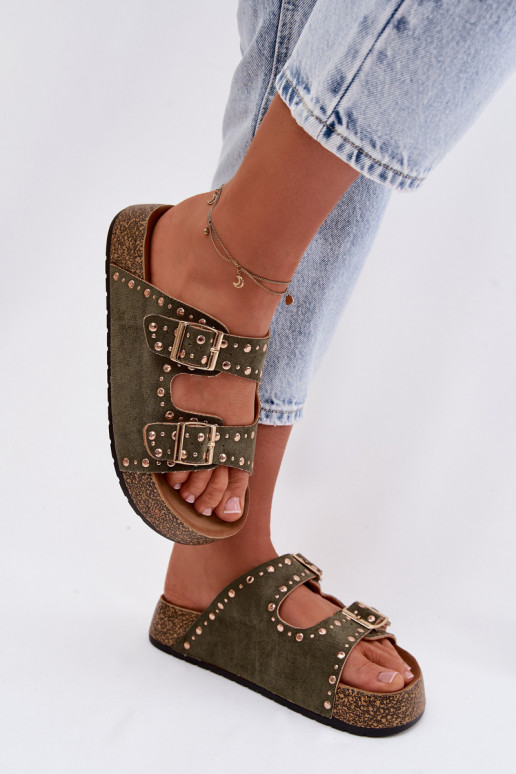 Dámské pantofle Ze zlaté barvymi s přezkamimi  khaki Tervina