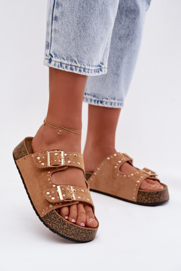 Dámské pantofle Ze zlaté barvymi s přezkamimi  hnědáTervina