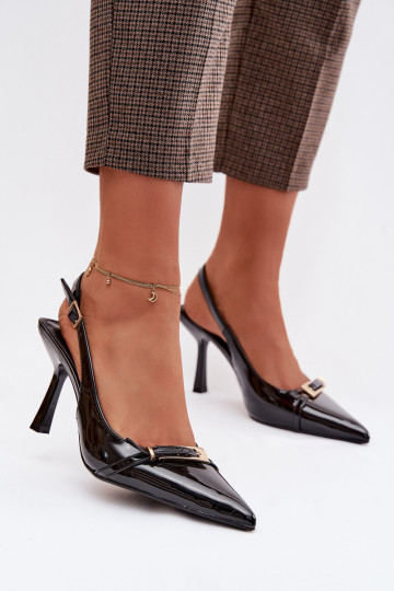 Lakované dámské sandály s tenkými podpatky se zlatými přezkami Černé Bellivra 2