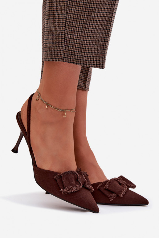 Dámské sandály s tenkými podpatky se stuhami Czekoladowe Hestia
