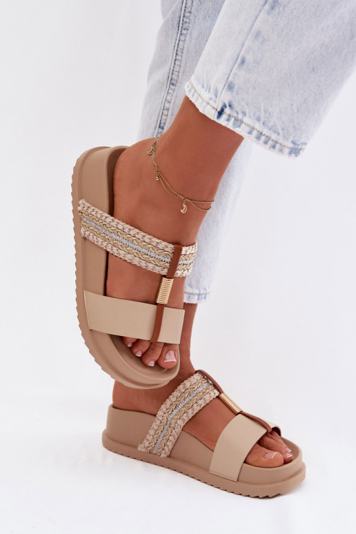 Dámské pantofle s platformou s pruhy I zlaté barvym Detalem béžové Tahlia