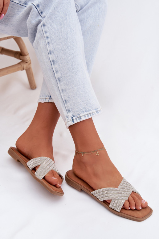 Dámské pantofle s širokými podpatky s třpytivými očky stříbrné barvy Zinnia