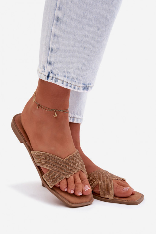 Dámské pantofle s širokými podpatky s třpytivými očky zlaté barvy Zinnia