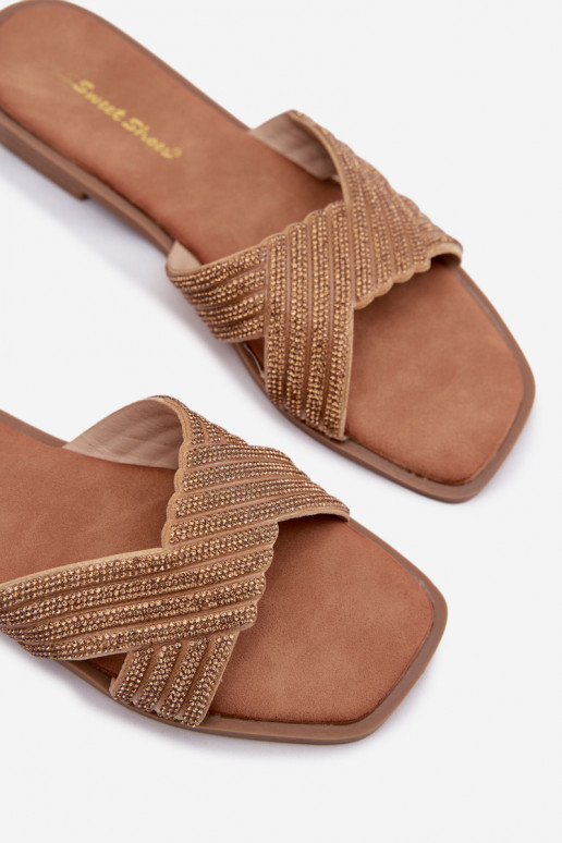 Dámské pantofle s širokými podpatky s třpytivými očky zlaté barvy Zinnia