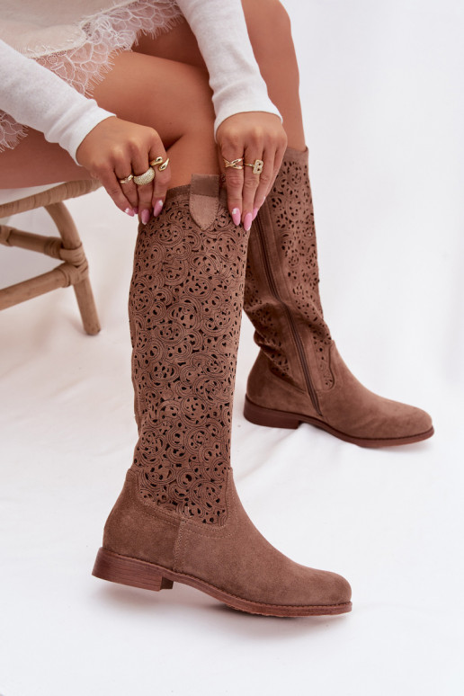 s ažurovými prvky dámské dlouhé boty s širokými podpatky S.Barski HY61-8023 hnědá