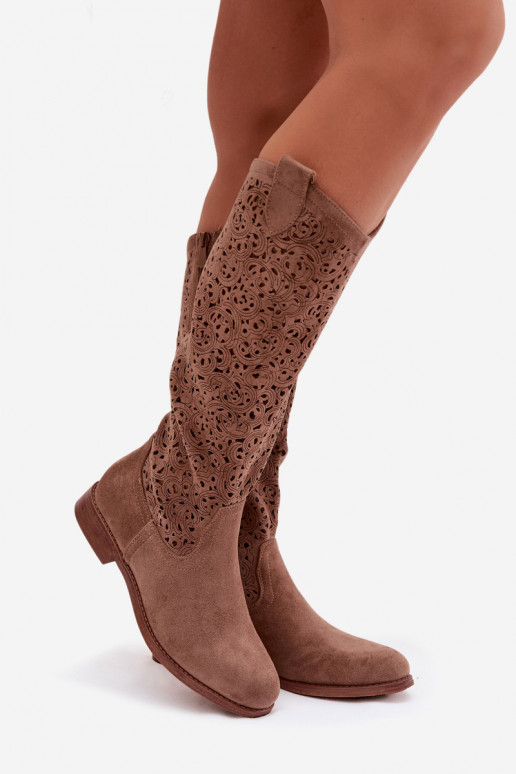s ažurovými prvky dámské dlouhé boty s širokými podpatky S.Barski HY61-8023 hnědá