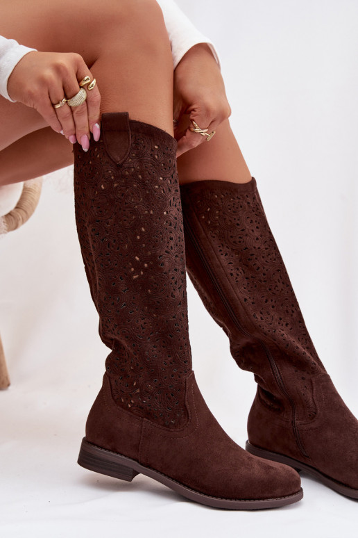s ažurovými prvky dámské dlouhé boty s širokými podpatky S.Barski HY61-8023 Czekoladowe