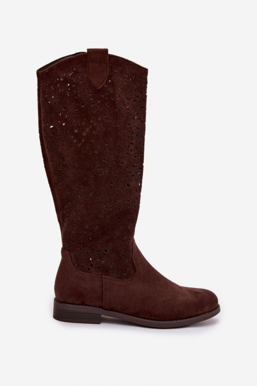 s ažurovými prvky dámské dlouhé boty s širokými podpatky S.Barski HY61-8023 Czekoladowe