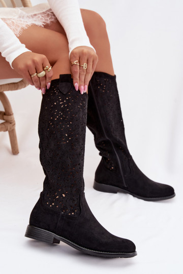 s ažurovými prvky dámské dlouhé boty s širokými podpatky S.Barski HY61-8023 Černé