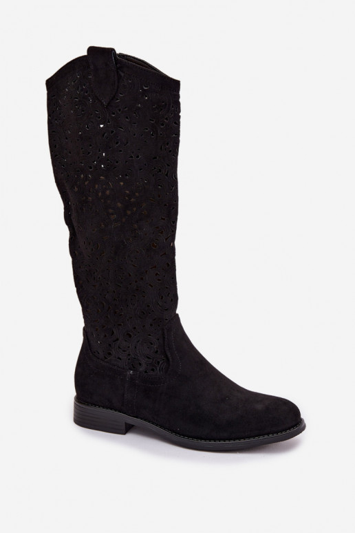 s ažurovými prvky dámské dlouhé boty s širokými podpatky S.Barski HY61-8023 Černé