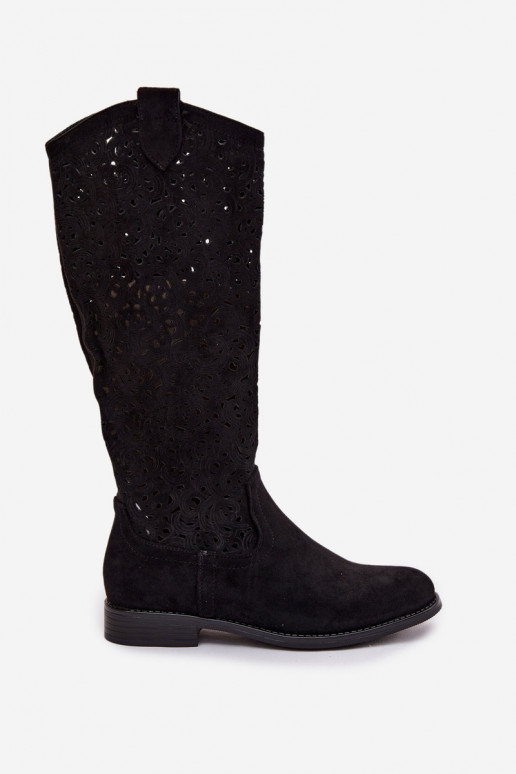 s ažurovými prvky dámské dlouhé boty s širokými podpatky S.Barski HY61-8023 Černé