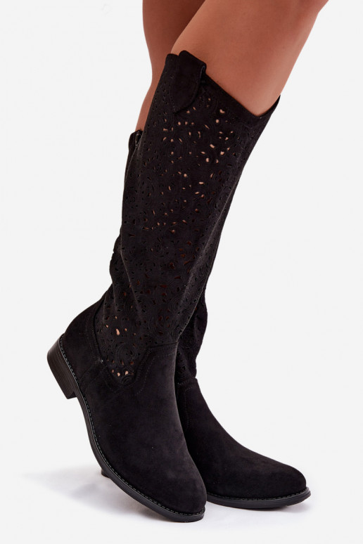 s ažurovými prvky dámské dlouhé boty s širokými podpatky S.Barski HY61-8023 Černé