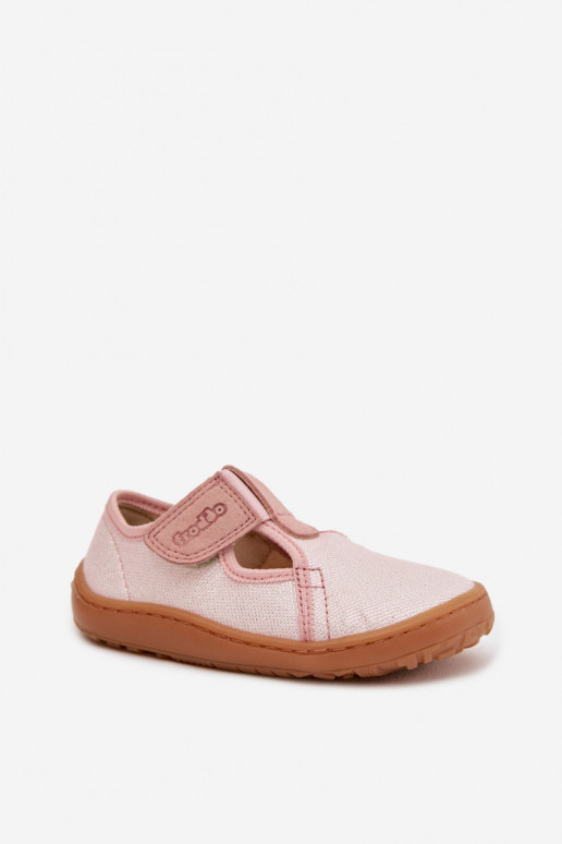 Pantofle Dětské se samolepicími uzávěry se třpytkami Barefoot Froddo Cannvas G1700439-2 růžová