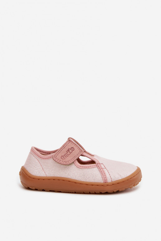 Pantofle Dětské se samolepicími uzávěry se třpytkami Barefoot Froddo Cannvas G1700439-2 růžová