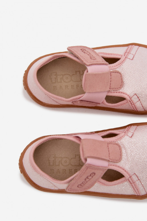 Pantofle Dětské se samolepicími uzávěry se třpytkami Barefoot Froddo Cannvas G1700439-2 růžová