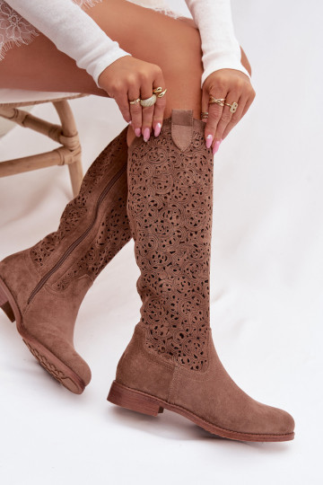 s ažurovými prvky dámské dlouhé boty s širokými podpatky S.Barski HY61-8023 hnědá