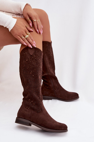 s ažurovými prvky dámské dlouhé boty s širokými podpatky S.Barski HY61-8023 Czekoladowe