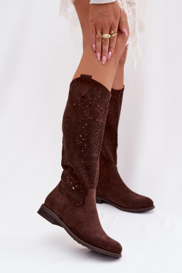 s ažurovými prvky dámské dlouhé boty s širokými podpatky S.Barski HY61-8023 Czekoladowe 2