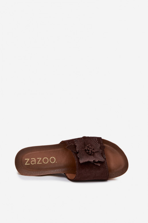 Dámské semišové pantofle   S květinamiem Zazoo 40312 Czekoladowe