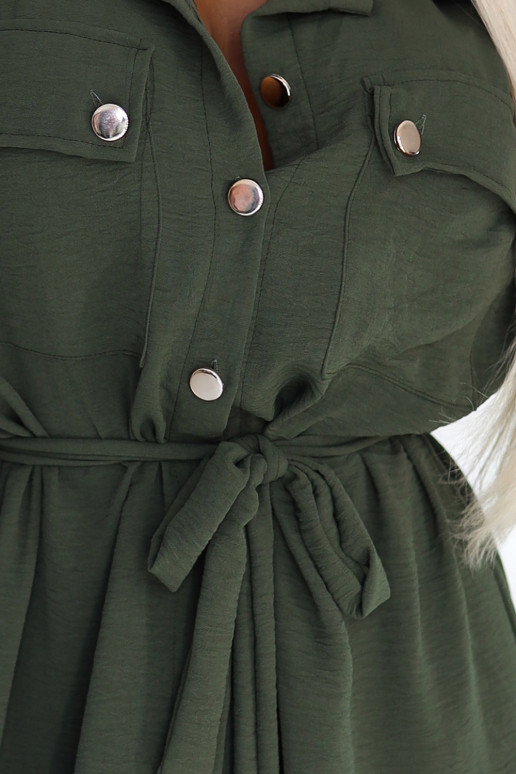 531-5 Szmizjerka midi ze złotymi guzikami i wiązaniem - KHAKI