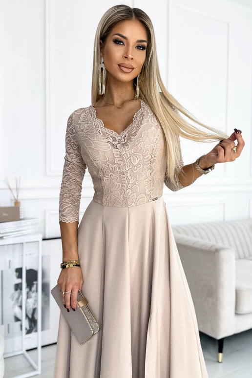 Písková dlouhá elegantní šaty s krajkou