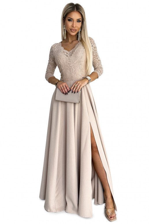 Písková dlouhá elegantní šaty s krajkou