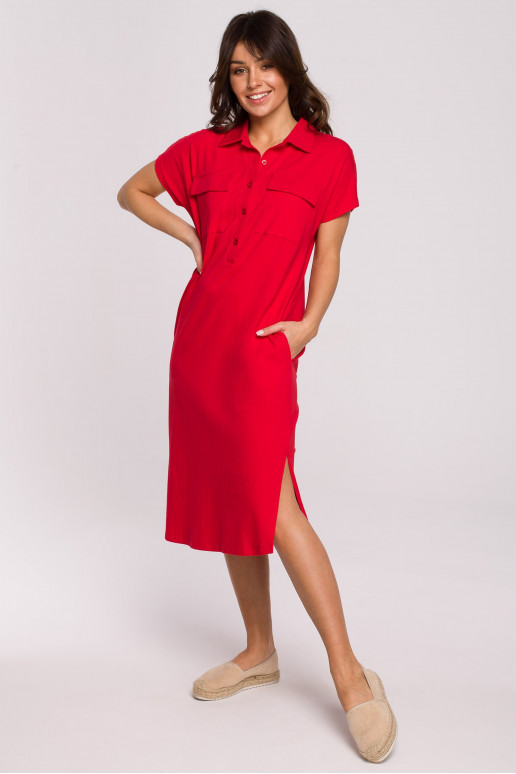 Safari šaty s klopovými kapsami - červené