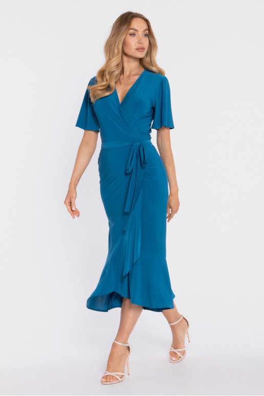 Oceánově modrá midi šaty s volány a sklady