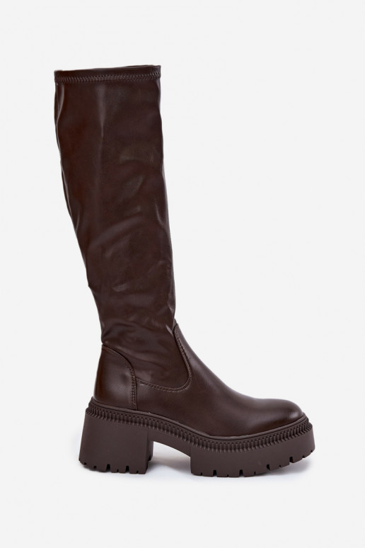 dámské dlouhé boty se širokým podpatkem a platformou Slip-on vzor hnědá Florinne