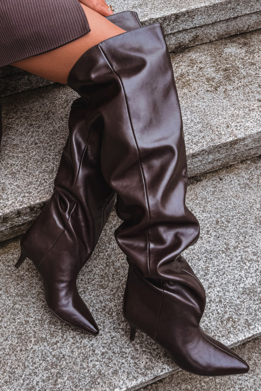 Slip-on vzor dámské dlouhé boty s tenkými podpatky Czekoladowe Ysolienne