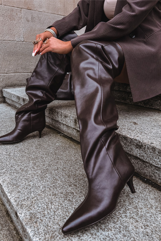 Slip-on vzor dámské dlouhé boty s tenkými podpatky Czekoladowe Ysolienne