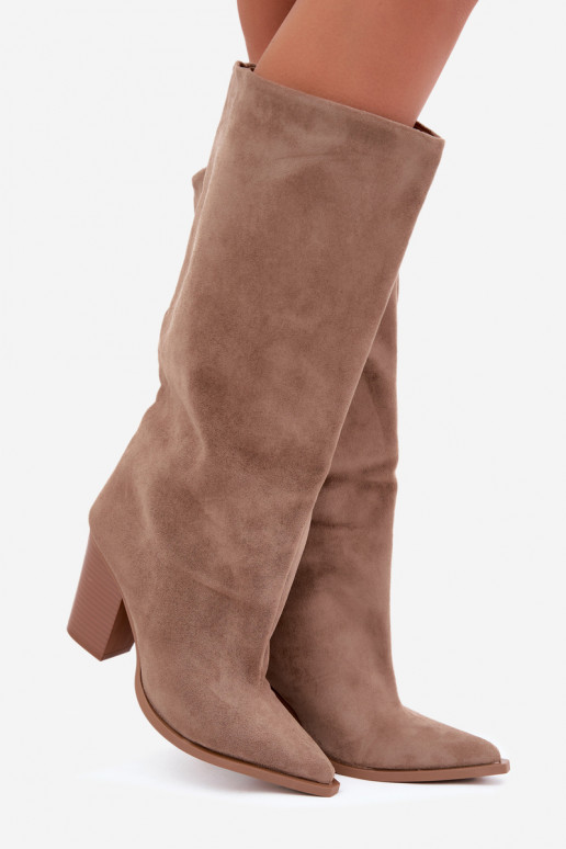 dámské dlouhé boty Slip-on vzor s podpatky z eko semišeowe béžové Carmina
