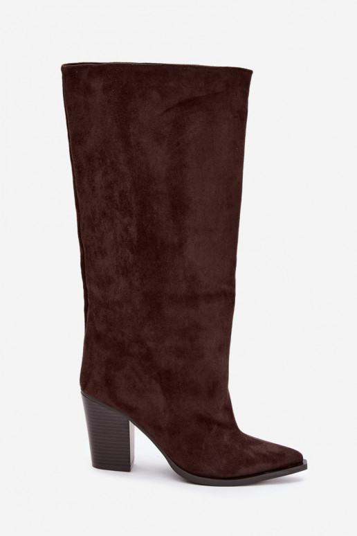 dámské dlouhé boty Slip-on vzor s podpatky z eko semišeowe Czekoladowe Carmina