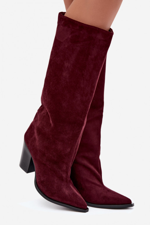 dámské dlouhé boty Slip-on vzor s podpatky z eko semišeowe vínová Carmina