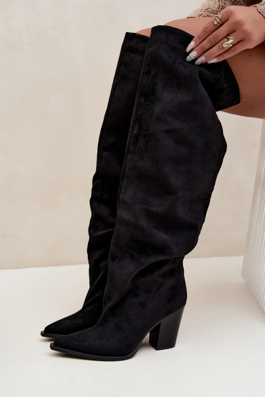 dámské dlouhé boty s podpatky Slip-on vzor Černé Anica