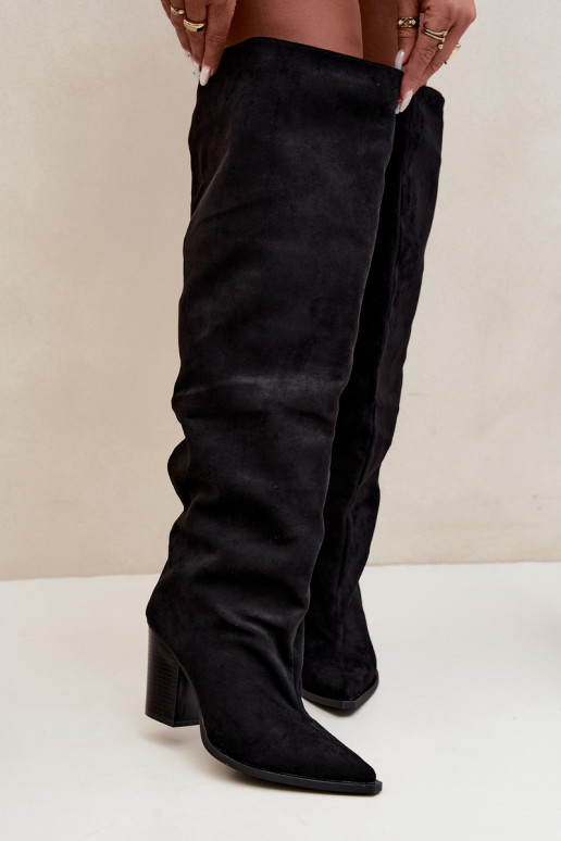 dámské dlouhé boty s podpatky Slip-on vzor Černé Anica