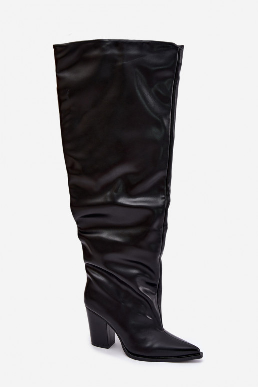 dámské dlouhé boty s podpatky Slip-on vzor z ekologické kůže Černé Anica
