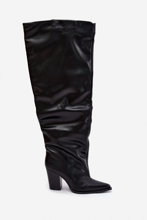 dámské dlouhé boty s podpatky Slip-on vzor z ekologické kůže Černé Anica