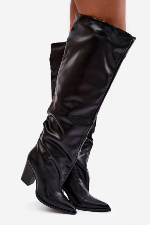 dámské dlouhé boty s podpatky Slip-on vzor z ekologické kůže Černé Anica