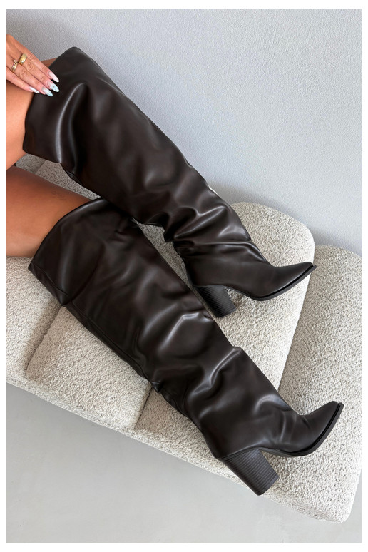 dámské dlouhé boty s podpatky Slip-on vzor z ekologické kůže Czekoladowe Anica